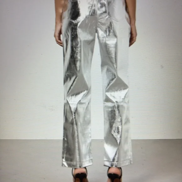 NWT Amy Lynn Textured Faux Leather Straight-Leg Silver Trousers SZ: M - Picture 2 of 8